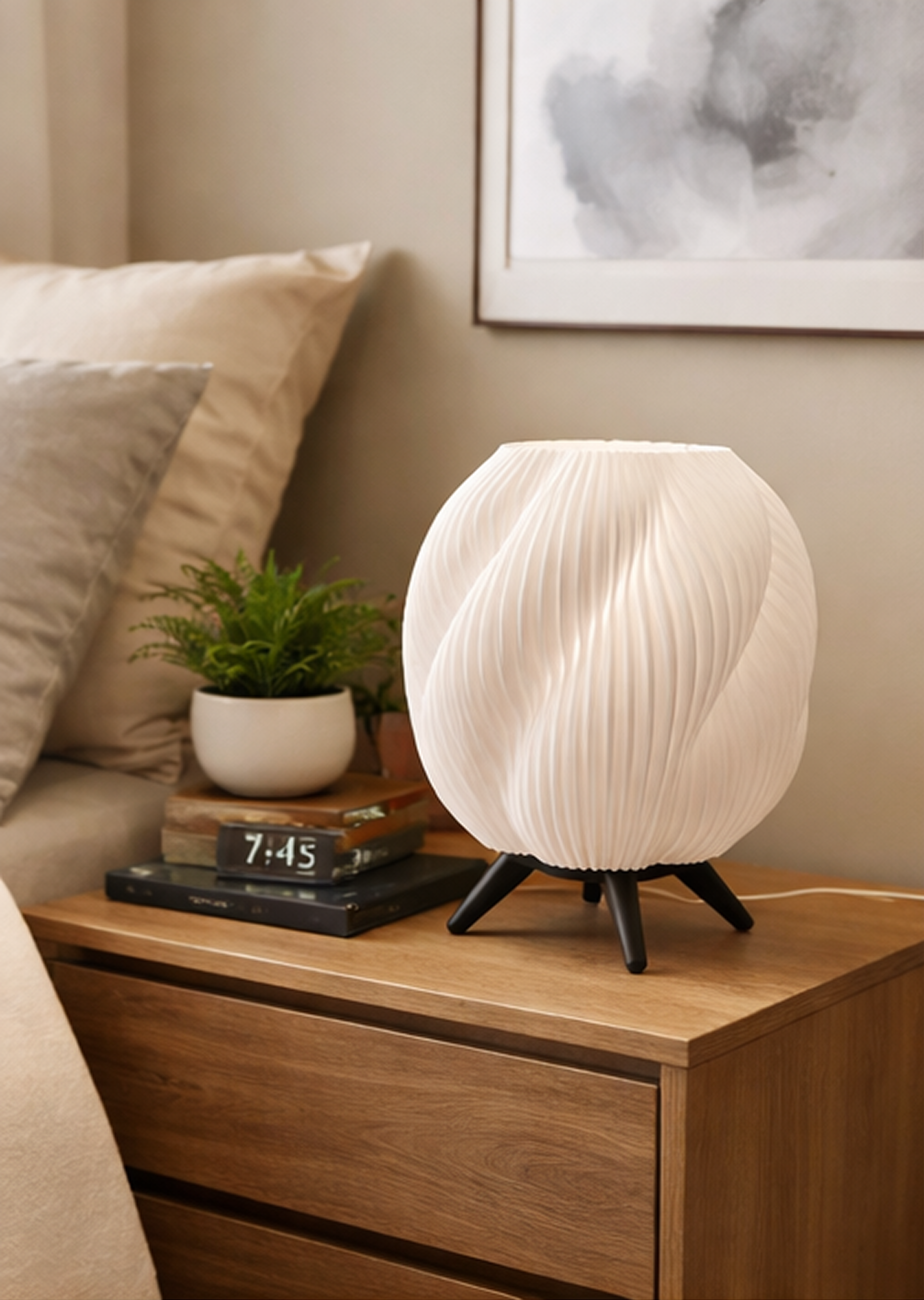 Decorative lamp on a wooden nightstand with a plant and books in a cozy bedroom setting.