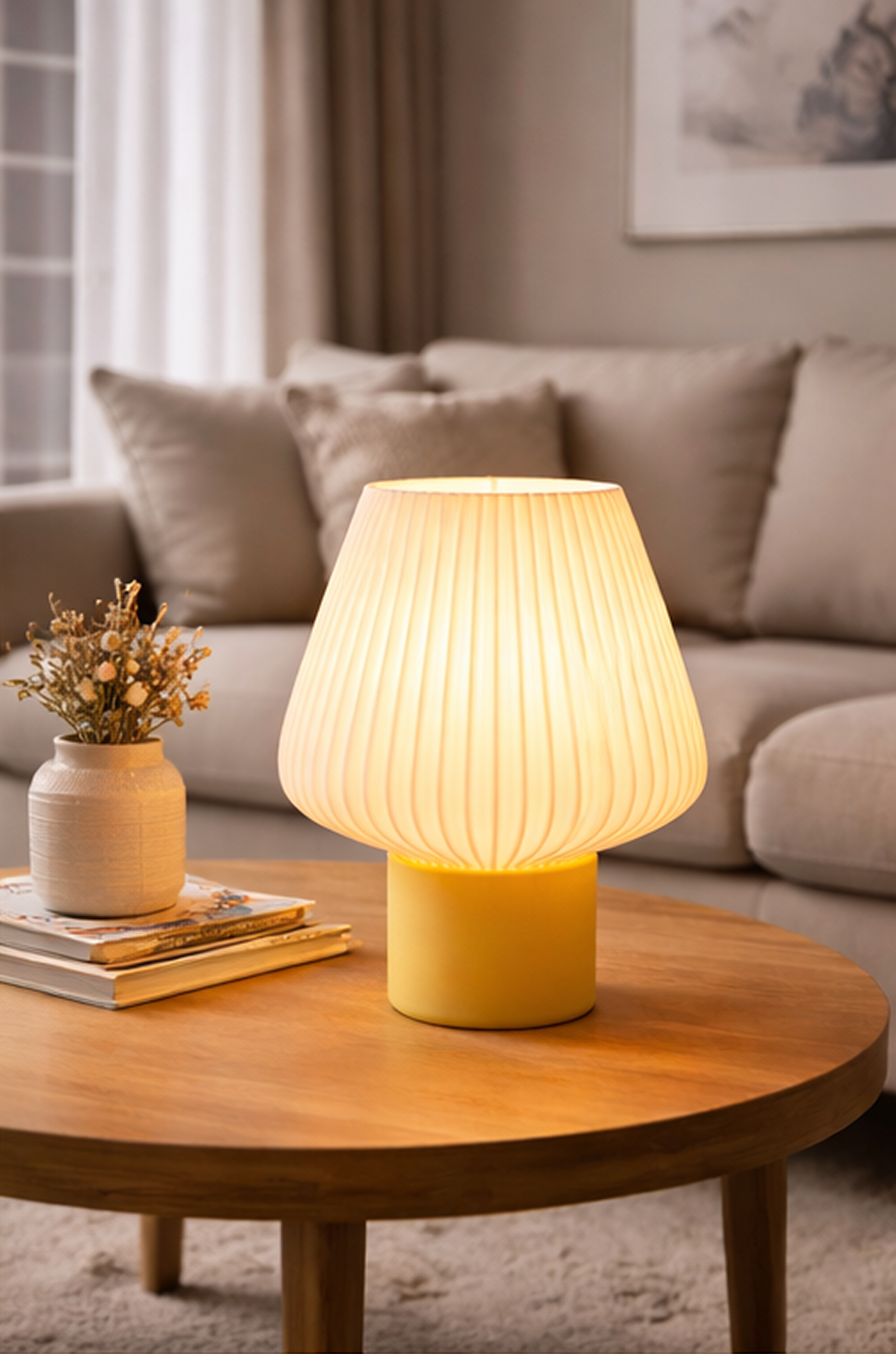 Yellow table lamp on a wooden coffee table in a living room setting