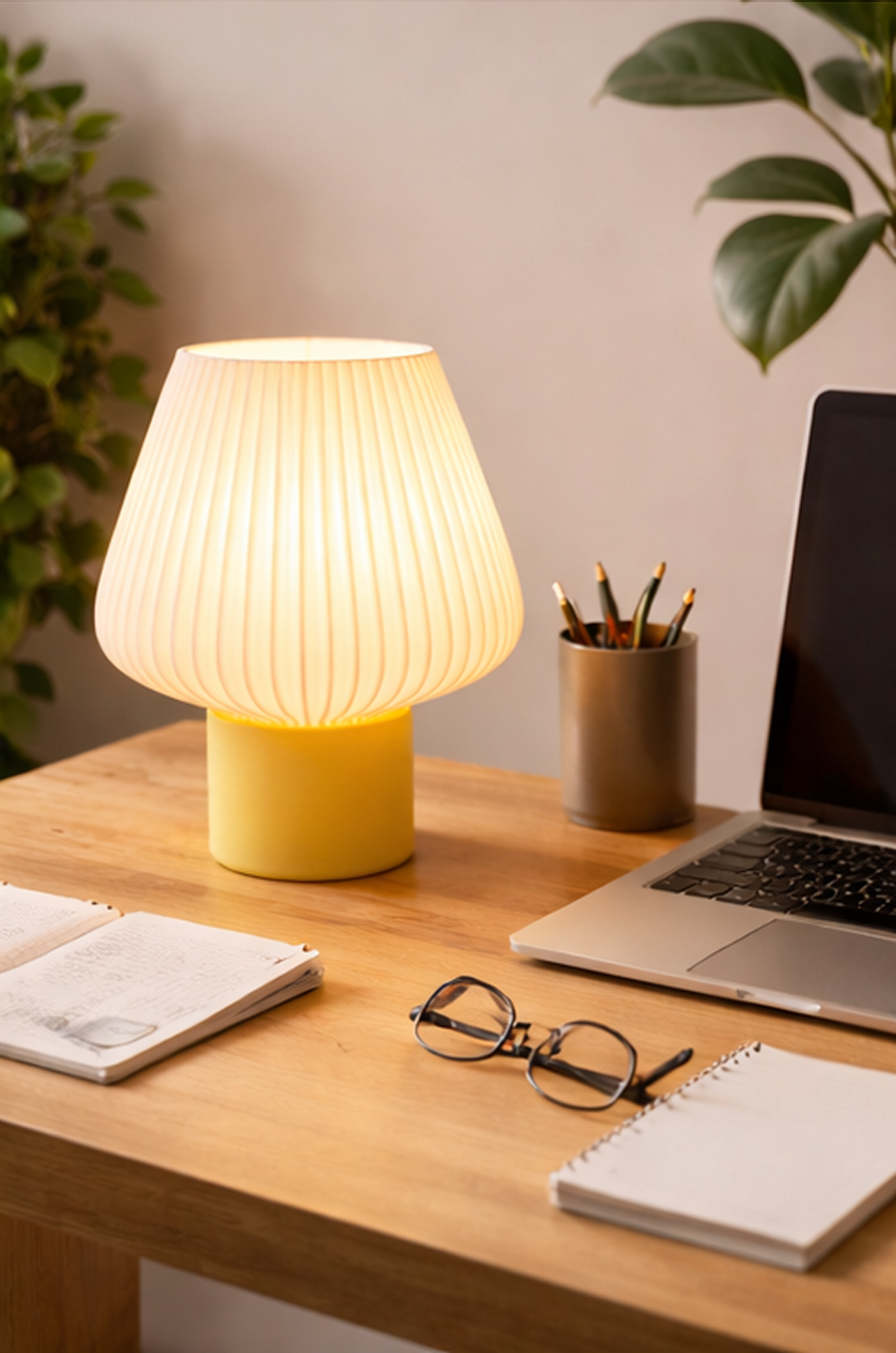 Yellow table lamp on a desk with a laptop, glasses, and stationery items.